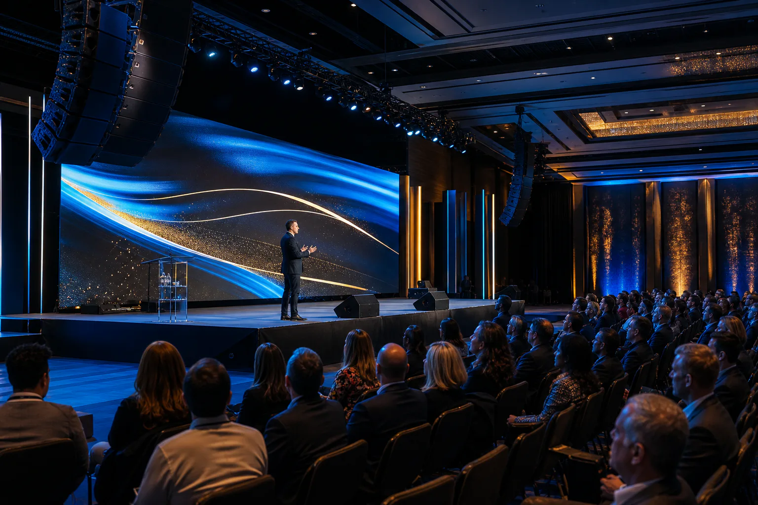 Corporate conference with a presenter, LED wall, and professional sound system